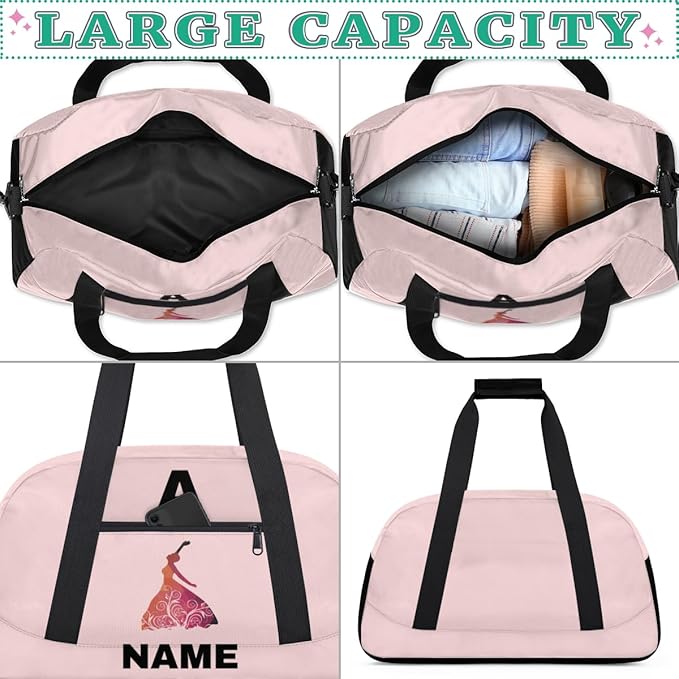 Personalize-Kids-Sports-Duffel-Bags With Custom Name Text Carry-On Overnight Travel Gym Lightweight Dance Pattern Sports Bags For Girls Boys Kids,Pink 2