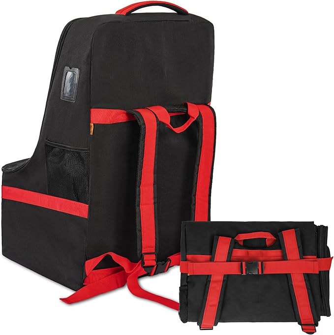 Padded Car Seat Travel Bag for Airplane, Heavy Duty Car Seat Bag for Air Travel Gate Check Carseat Carrier Bag with Shoulder Strap, Fits Most Baby & Infant Car Seats (Black Red)
