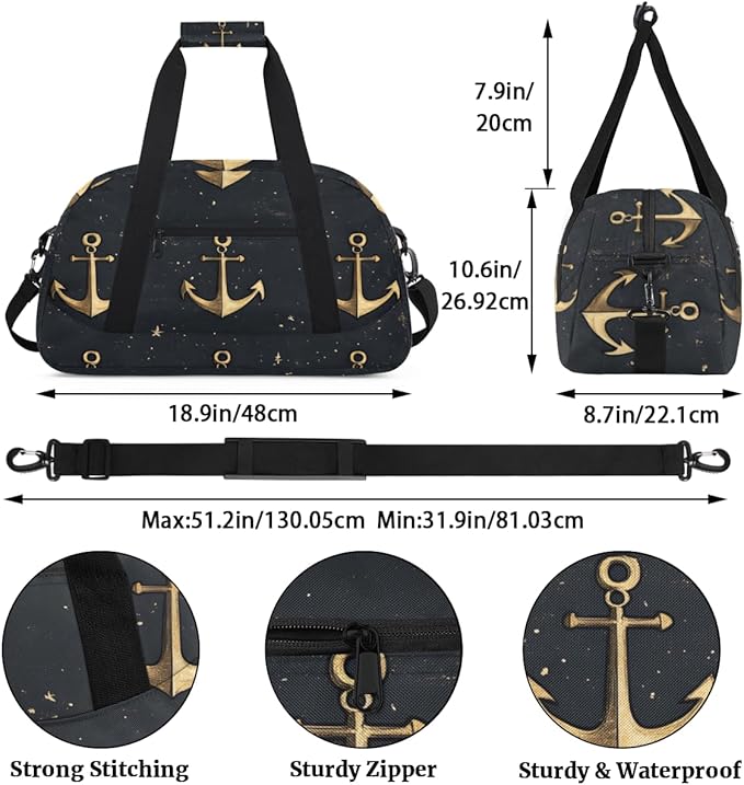 Golden Anchor Gym Travel Duffle Bag for Women & Men with Front Zipper Pocket for Sports, Overnight, Weekender, Carry On,Workout & Dance Bag,Black Ocean Anchor,18.9 * 8.7 * 10.6 in