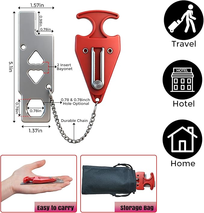 Portable Door Lock, Travel Door Lock for Hotel, Apartment, Dorm & Home – Extra Security Door Stoppers, Hotel Safety Devices for Travel Privacy Protection 3PK Red