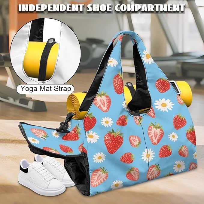 Daisy Duffel Bag for Travel with Shoe Compartment Blue Workout Bag with Yoga Mat Holder for Women, Waterproof Strawberry Print Gym Duffel Adjustable Shoulder Strap