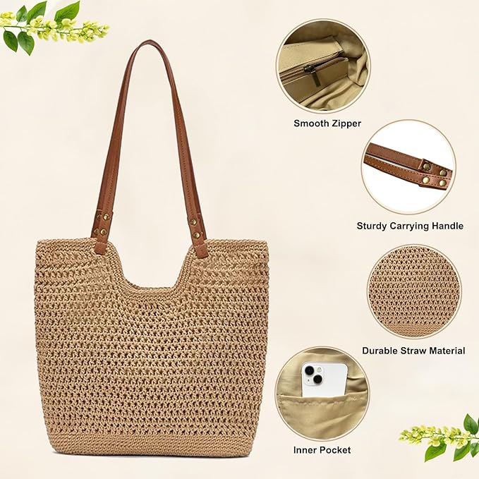 Crochet Beach Bag for Women - Summer Mesh Beach Tote Bag Boho Woven Purse Shoulder Handbags for Vacation Travel