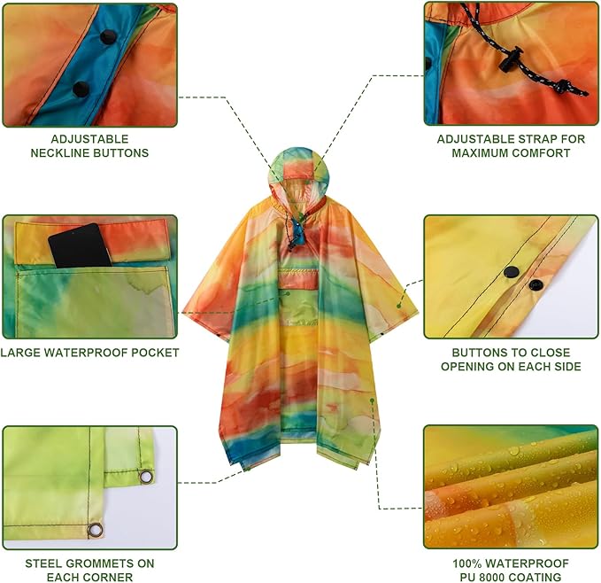 Hooded Rain Poncho for Adults - Waterproof Rain Coat and Lightweight Jacket 3-in-1 Multi-Function with Pockets