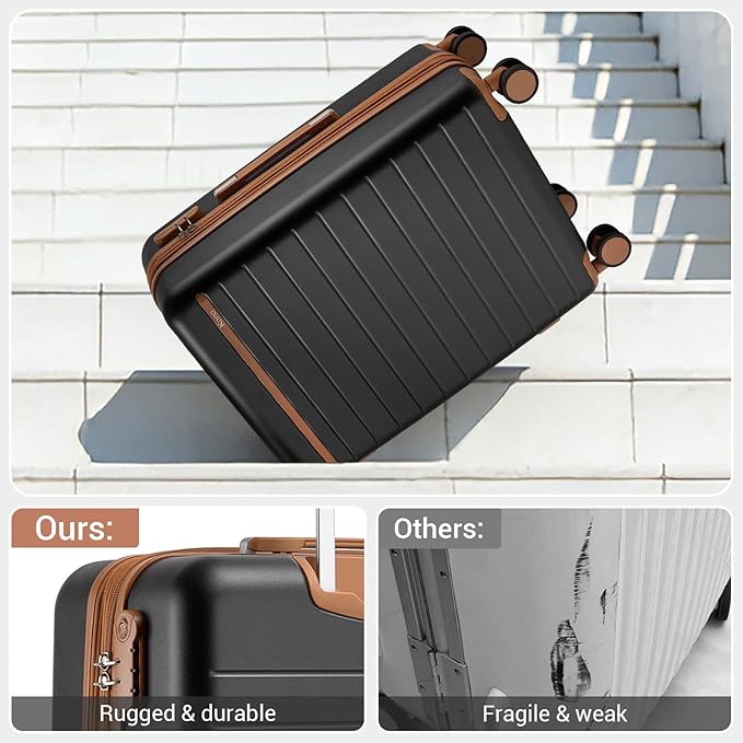 Kono 28 Inch Large Suitcase, Expandable for Long Trips, Impact-Resistant ABS+PC & Silent Wheels, Black, Lightweight Hardshell Luggage, Smooth Rolling Spinner Suitcase for Travel，Black/Brown