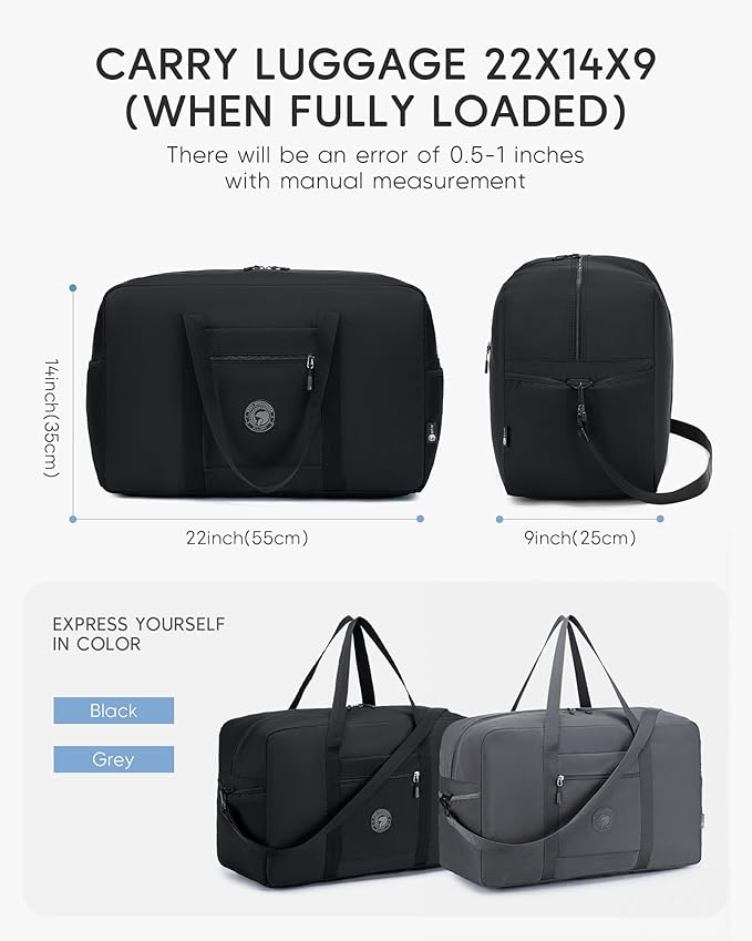 2 Packs Carry on Bag 22x14x9 Airlines Approved, 48L Canvas Travel Duffel Bags for Men Women Duffle Bag for Airplane Weekender Overnight Gym (Black+Grey)
