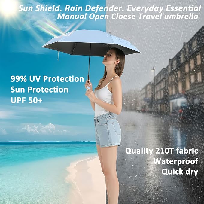 BAODINI Travel Essentials Mini Umbrella for Purse With Case Small Compact UV Sun Protection Lightweight Tiny Pocket Manual Open Close Umbrella for Women Kids and Men Fits Purse Backpack
