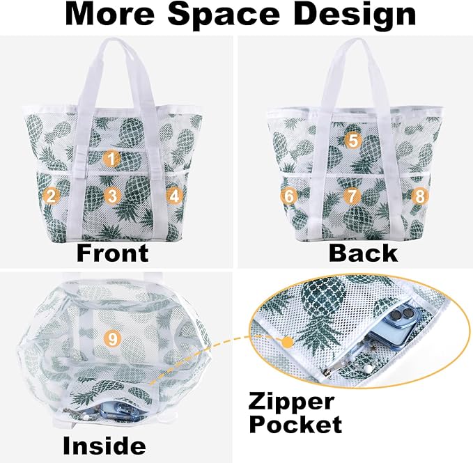 Mesh Beach Bag,Large Beach Bags for Women with 8 Pockets,Packable Tote Bag for Beach Cruise Pool Vacation Essentials