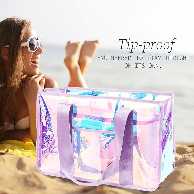 Iridescent Clear Beach Bag for Women, Large Pool Tote Cruise Vacation Essentials - Waterproof, Zipper Closure