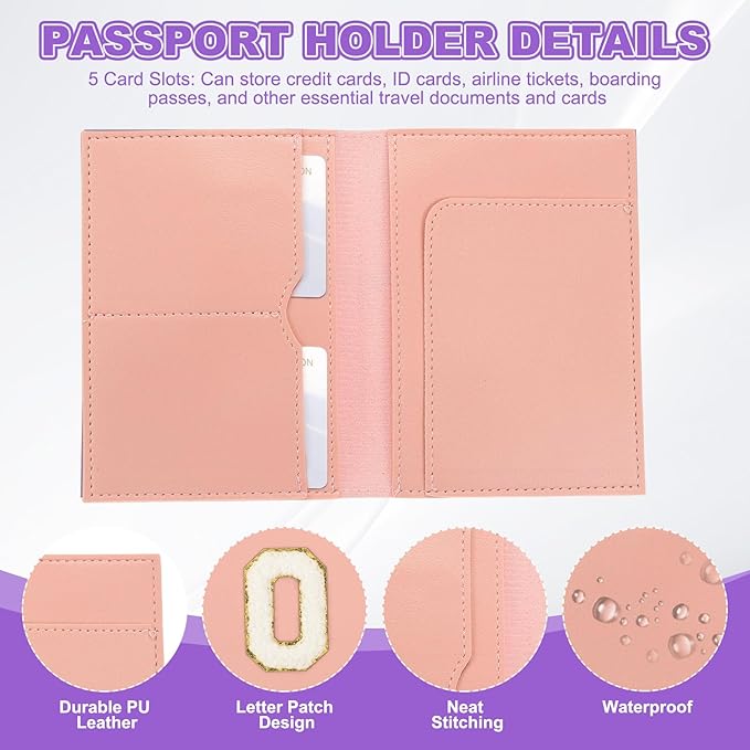 PATIKIL Passport Holder for Travel, Initial Passport Cover and Luggage Tag Set with Alphabet Chenille Letter Patch Travel Wallet Bag Suitcase Identifier for Women Family Travel Pink O
