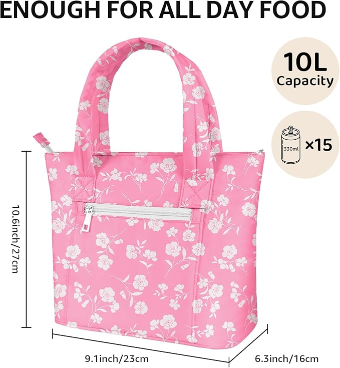 Tote Lunch Bag Women Stylish Quilted Lunch Boxes for Adult Fit and Fresh Cooler Insulated Lunchbox for Work Large 10 Liters Cute Compact Lunchbag Waterproof Pink Floral