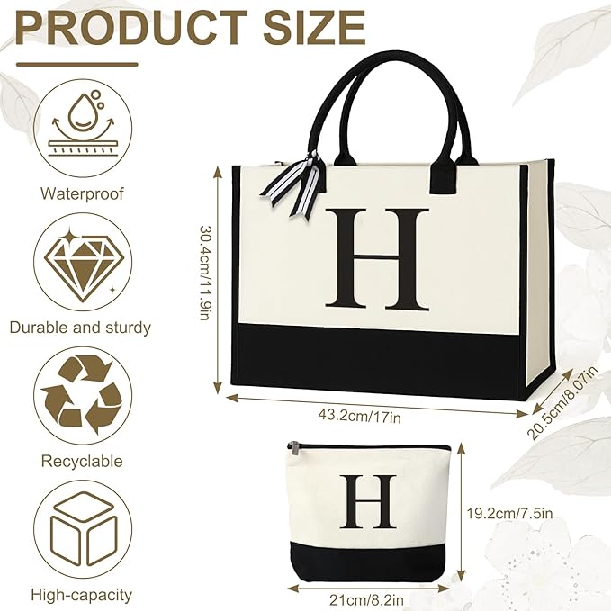 Personalized Canvas Tote Bag for Women Makeup Pouch Initial Beach Bag Removable Bottom Board for Travel Birthday