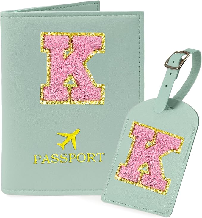COSHAYSOO Initial Passport Cover Luggage Tag Set Letter Passport Holder Airplane Cruise Travel Essentials Vacation Traveling Accessories Personalized Gifts for Women Teen College Girls Teal K