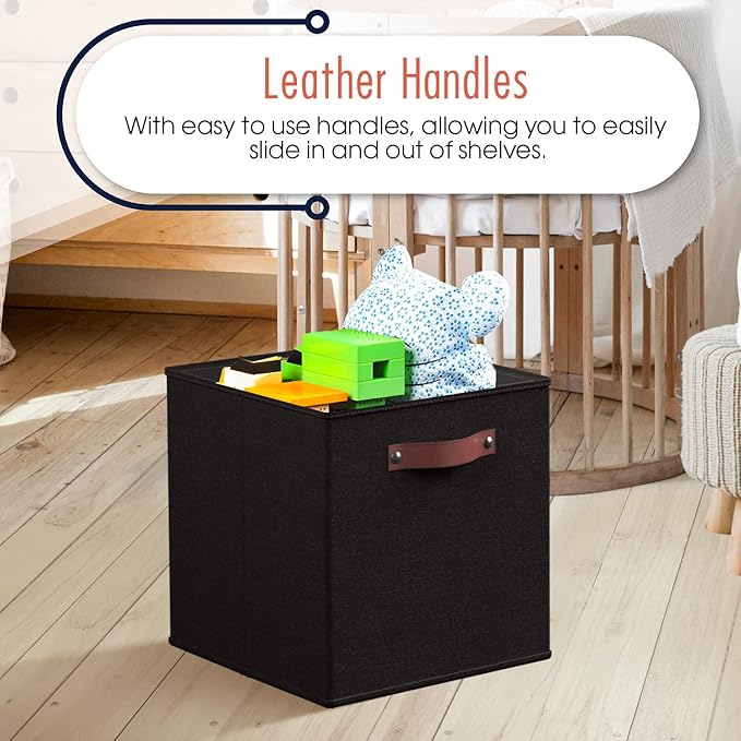 Ornavo Home 13 x 13 Storage Cube Bins, Foldable Collapsible Fabric Storage Bins Box Linen Shelf Basket Cube Organizer for Closet with Leather Handles, 6 Pack, Black