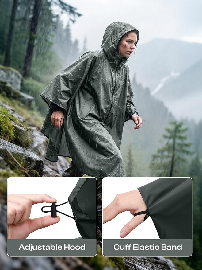 SaphiRose Lightweight Waterproof Rain Poncho for Adults with Hood Portable Rainwear for Outdoor
