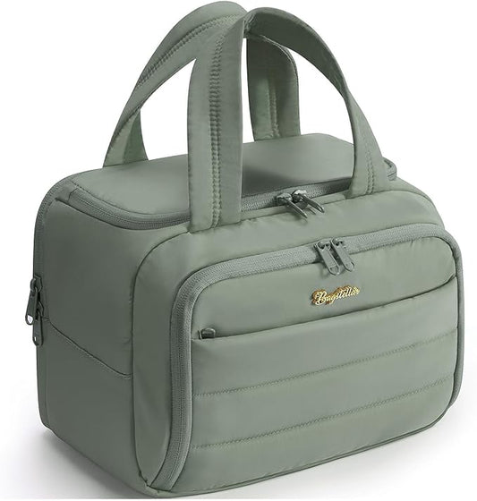 Travel Toiletry Bag for Women, Lightweight Large Quilted Puffy Makeup Bag Wide-open Make up Organizer Cloud Cosmetic Bag w/Handle for Traveling Toiletries Essentials Accessories Sage Green