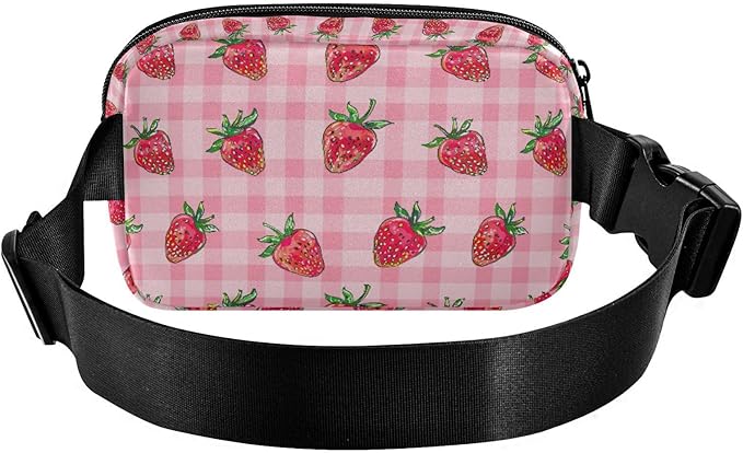 Pink Strawberry Plaid Fanny Pack for Women Men Water Resistant Fashion Waist Packs with Adjustable Strap Belt Bag for Travel Workout Jogging Hiking 21219326