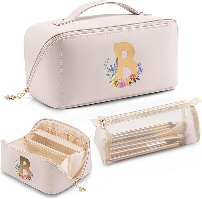 Vlando Mothers Day Gift for Mom,Graduation Gifts Personalized Makeup Organizer Cosmetic Bag,Travel Essential Birthday Gifts for Friends Daughter(Letter B)