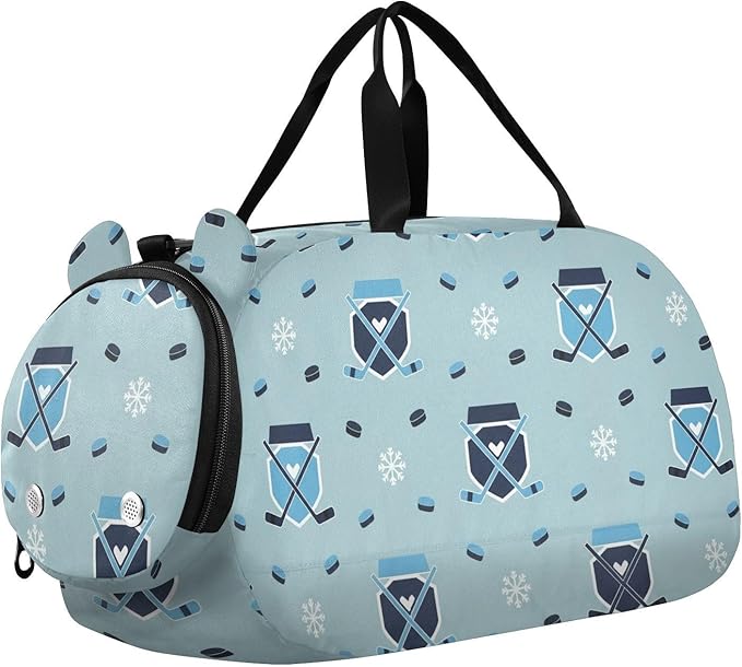 Winter Sports Hockey Blue Print Kids Sports Duffle Bag for Boys Girls Toddler Weekender Overnight Bag with Shoe Compartment & Wet Pocket Travel Foldable Bag for Travel Sport Gym Dance