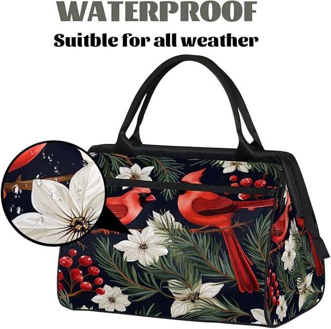 Overnight Weekender Bags for Women Men, Winter Red Bird Floral Waterproof Travel Carry On Duffel Bag, Lightweight Sports Gym Bag for Fitness, Workout, Travel