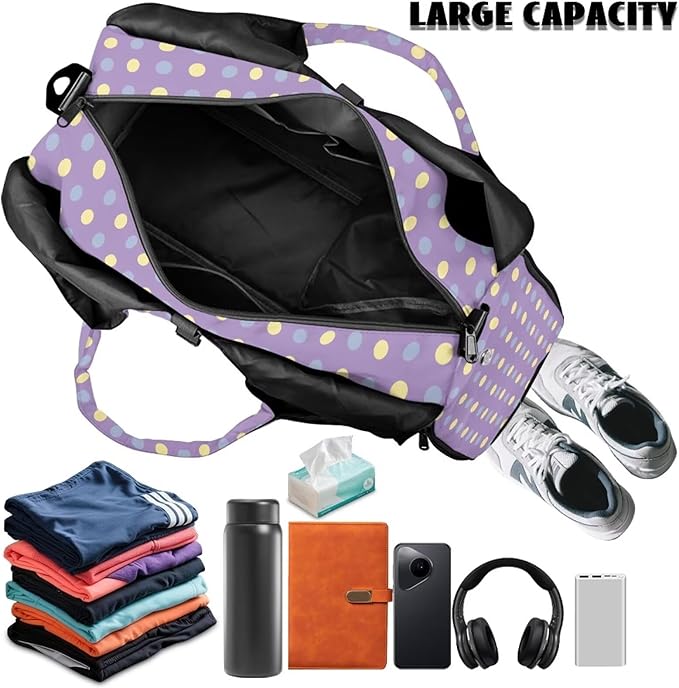 Purple Polka Dots Gym Bag for Women Mini Travel Duffel Bag for Airplane Overnight Hospital Workout Beach Swim Yoga Camping Organizer Lightweight Weekender Bag with Shoe Compartment