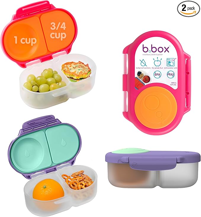 b.box Snack Box 2-Pack - Leak Proof Mini Bento Box for Kids & Toddlers, 2 Compartment Snack Containers for Kids, Dishwasher Safe, BPA-Free, PFAS-Free, Ages 4mo+, 1 3/4 Cup Each (Strawberry + Lilac)