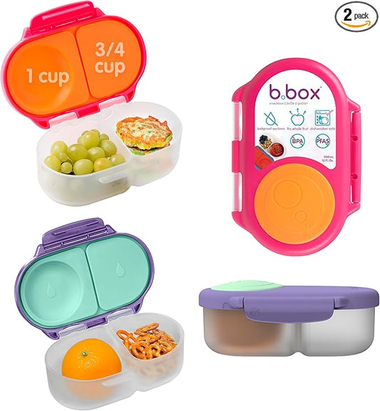b.box Snack Box 2-Pack - Leak Proof Mini Bento Box for Kids & Toddlers, 2 Compartment Snack Containers for Kids, Dishwasher Safe, BPA-Free, PFAS-Free, Ages 4mo+, 1 3/4 Cup Each (Strawberry + Lilac)