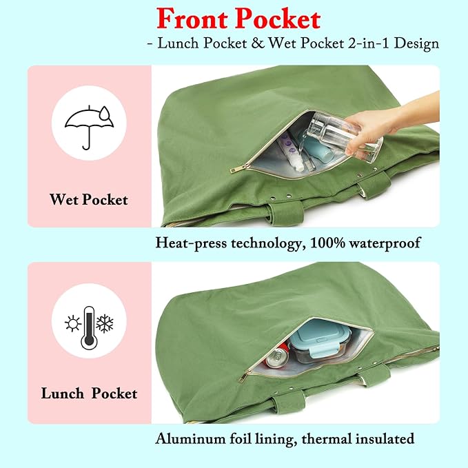 Large Canvas Beach Bag for Women, Beach Bags Waterproof Sandproof with Zipper & Wet Bag Cruise Essentials