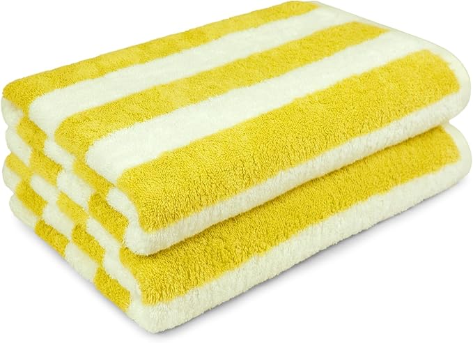 Amazon Basics 100% Cotton Beach Towel, Soft & Absorbent, Fast Drying, Cabana Stripe, Large 30" x 60", Yellow, 2-Pack