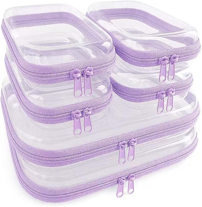 6Pcs/2M+4S Clear Hard Shell Zippered Travel Case – Plastic Organizer Pouch for Toiletries, Cosmetic Bag, Diaper Bag & Packing Accessories (Purple, Set C)