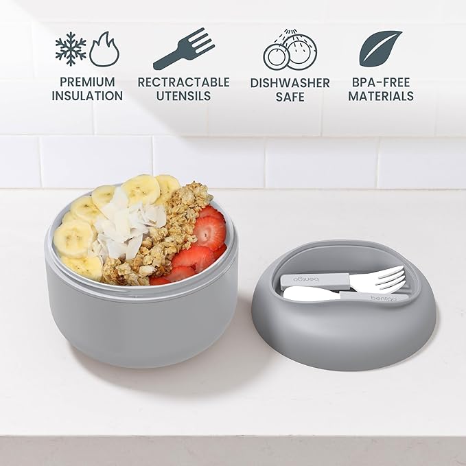 Bentgo Bowl - Insulated Leak-Resistant Bowl with Snack Compartment, Collapsible Utensils and Improved Easy-Grip Design for On-the-Go - Holds Soup, Rice, Cereal & More - BPA-Free, 21.2 oz (Gray)