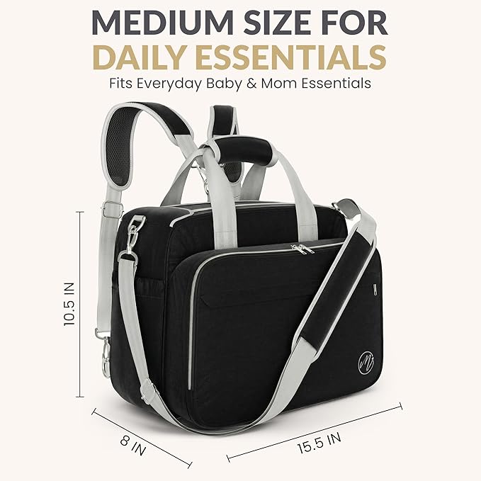Mellories 4 in 1 Convertible Diaper Bag Tote For Baby Boys and Girls - Converts Into Diaper Backpack, Baby Tote, Stroller Bag and Crossbody Diaper Bag - Black Baby Travel Bag - Gift for Mom