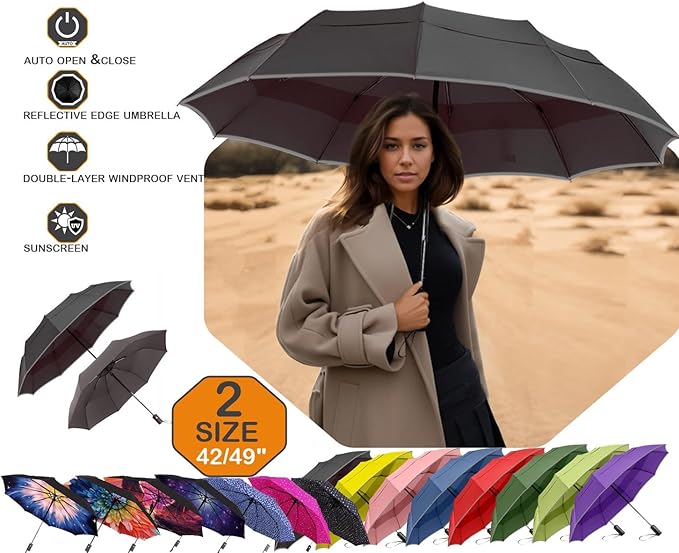 MRTLLOA 42/49 Inch Compact Travel Essentials Umbrella for Rain, Lightweight, Portable, Automatic, Strong, Waterproof Folding Umbrellas for Women, Men and Teenagers