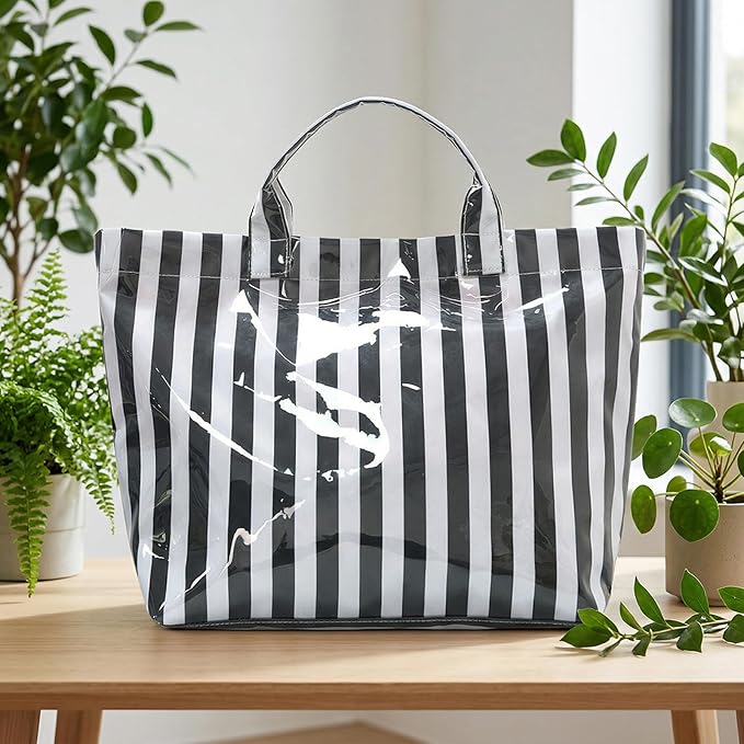 JQWYGB Striped PVC Tote Bag Large Glossy Striped Handbags Waterproof Top Handle Bag Plastic Tote Handbag Beach Travel Work