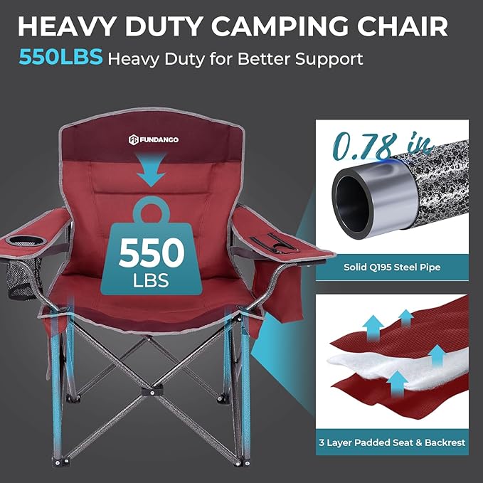 FUNDANGO Oversized Camping Chairs for Adults, Heavy Duty Fold Up Sports Games Lawn Chairs, Extra Wide Big Man Outdoor Chairs with Padded Lumbar Support Backrest, Bag Included for Camp, Outside, Beach