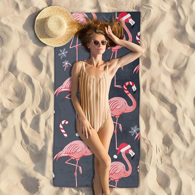 Christmas Hat Flamingo Candy Beach Towel, Large Microfiber Quick Dry Lightweight Pool Bath Towels Sand Free Beach Blanket for Summer Cruise Yoga Camping Travel Vacation Essentials 31 x 61 in