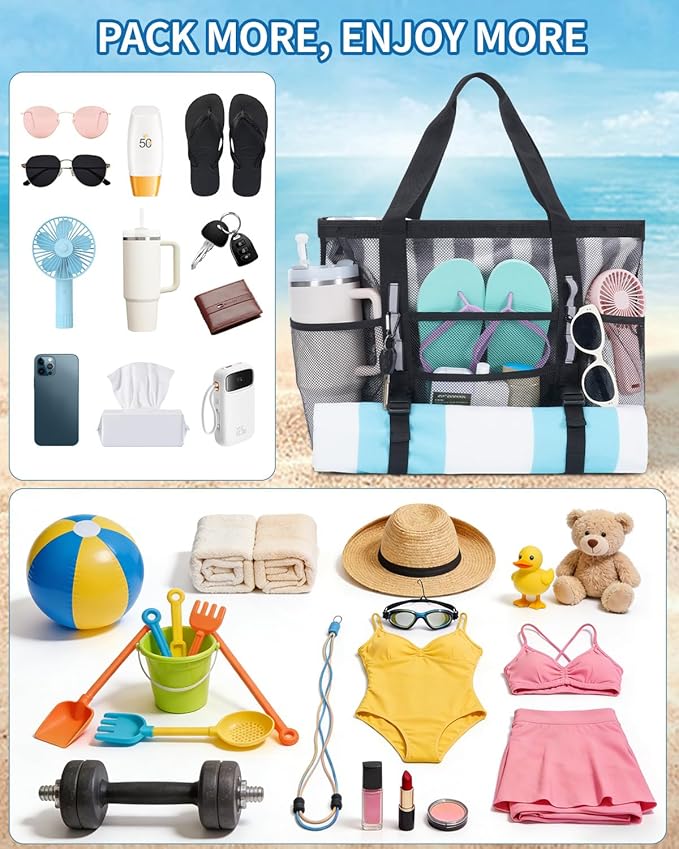 WANDF Mesh Beach Bag for Women, Large Beach Tote Bags with 40oz Tumbler Side Pockets, Family Pool Bag for Swim Toys Towels Cruise Vacation Essentials (Black) | Breathable