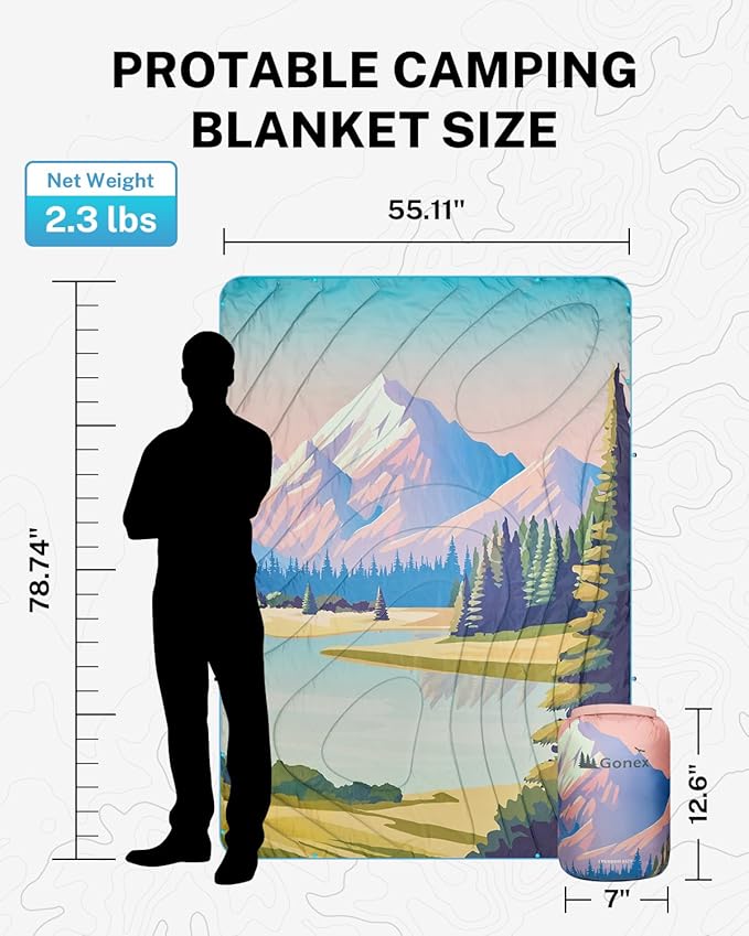 Gonex Camping Blanket with Aero-Warmth Tech Layer, Puffy Printed Packable Blanket Ultralight & Warm Wearable Water-Resistant Quilt for Outdoor, Camping, Hiking, Travel, Picnics 79" X 55" (Landscape)
