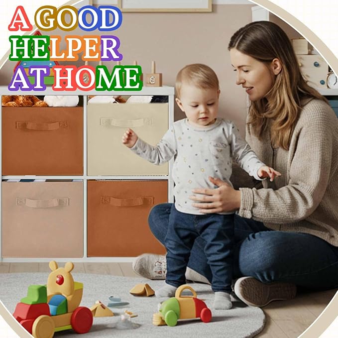 Yinder 12 Pcs Cube Storage Bin Brown 11'' Storage Bins for Playroom Decor Colorful Bins for Kids Foldable Baskets for Nursery Organizer Boxes Fabric Boxes