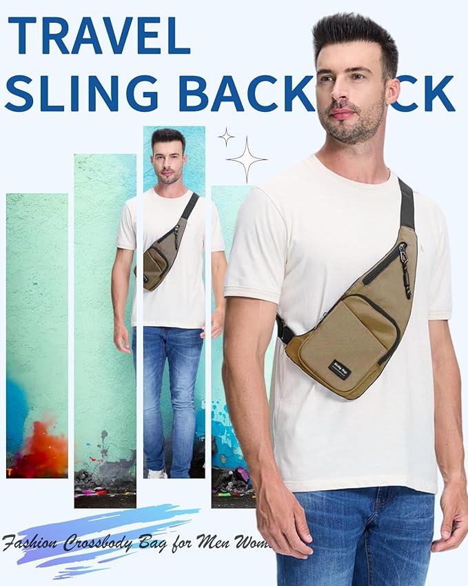 Seoky Rop Sling Bag for Men Women Slim Personal Purse Pocket Small Anti-Thief Crossbody Chest Bag for Travel Hiking Champagne
