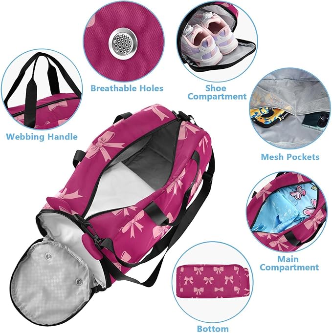 Bow Fuschia Pattern Kids Sports Duffle Bag for Boys Girls Toddler Weekender Overnight Bag with Shoe Compartment & Wet Pocket Kids Carry On Shoulder Bag for Gym Dance Sport Travel