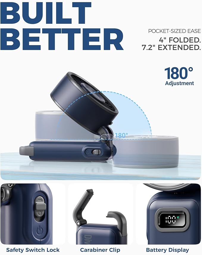 Diveblues Portable Handheld Fan, 7.4m/s High Speed Turbo Fan, 180° Foldable 4-in-1 Personal Neck Fan Integrated Carabiner Clip, 100 Speed Stepless Control, USB-C Rechargeable, 12H Battery, Fanzy D6036