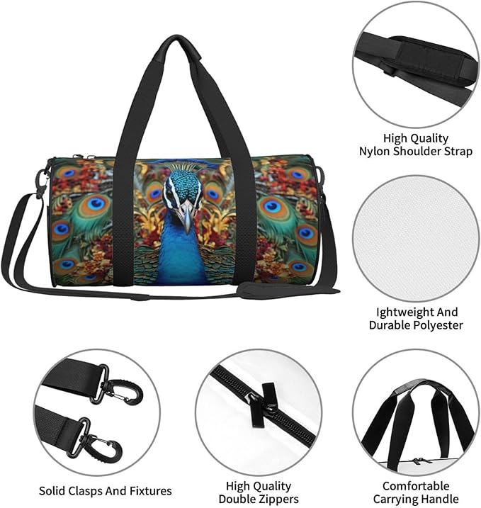 Travel Duffel Bag Lightweight Carry On Weekender Overnight Bags Elegant Peacock Sports Tote Gym Backpack with Adjustable Strap Hospital Bags Foldable Luggage Bag for Women Men