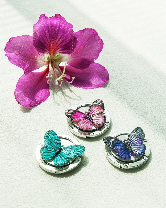 3 Pack Butterfly Foldable Handbag Hanger Holder, Folding Hooks for Womens Bag Purse Table Hook, Space Saving Colorful Decor Hook