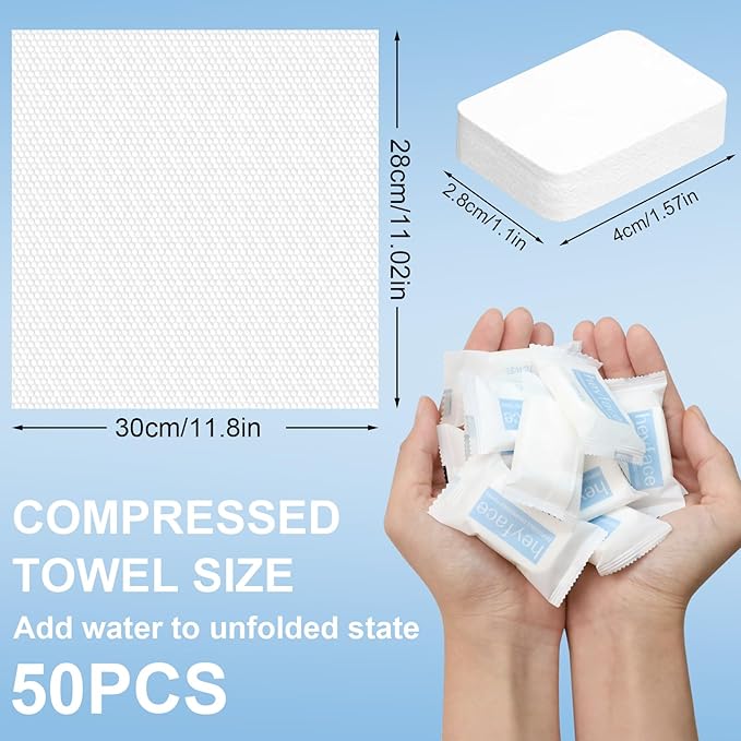 Compressed Towels Tablets (11.8" x11") 50 Bulk Set Disposable Compressed Washcloths for Travel & Camping, Soft Compressed Face Towel with Waterproof Case for Daily Use & Camping Essentials