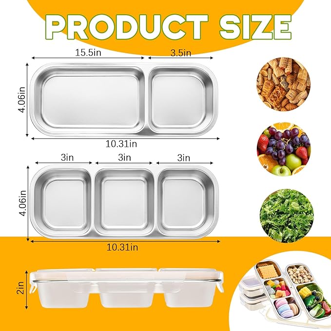 4 Pcs 304 Stainless Steel Lunch Containers Bento Boxes 38oz Salad Multipurpose with 3 and 2 Compartments Winter Party Reusable Large Box with Lids Divided Containers for Snack Dip Sandwich (White)