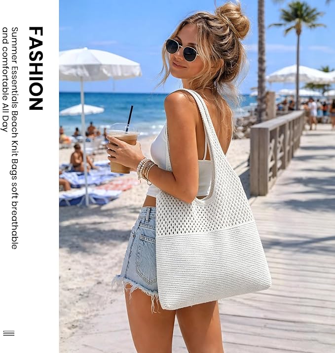 SUOSDEY Crochet Mesh Beach Tote Bag, Knit Summer Vacation Aesthetic Boho Tote Bag for Women
