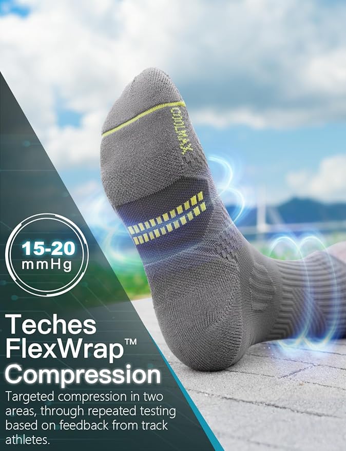 Compression Running Socks, Bamboo Viscose Coolmax Moisture-Wicking Anti-Blister Athletic Hiking Workout Gym Padded