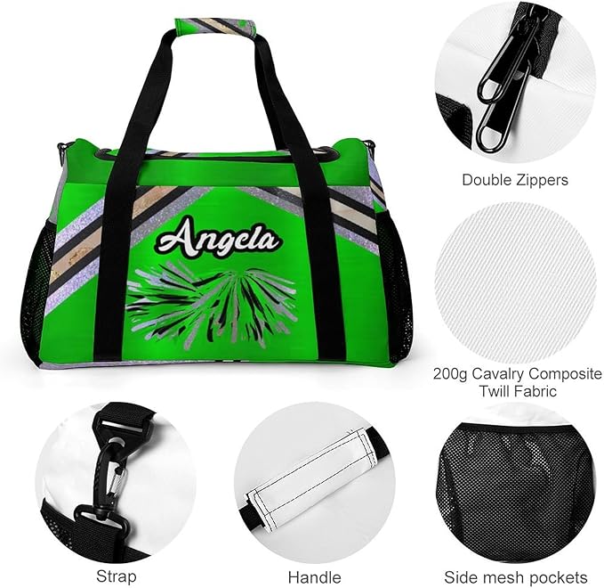 Cheerleader Green Grey Glitter Print Duffle Bag for Men Women, Personalized Custom Name Text Crossbody Bags, Travel Sport Gym Perform Training Gym Bag