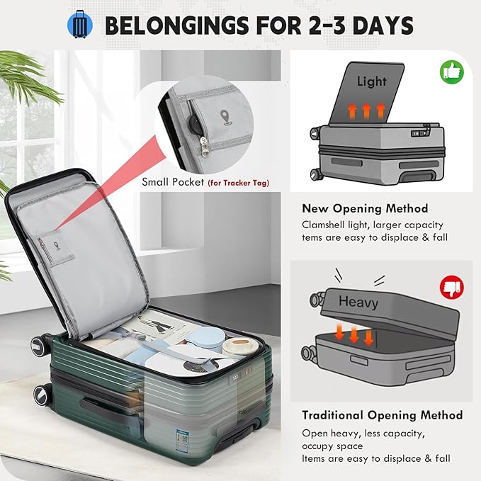 RAINSMORE Carry on Luggage 20 Inch Expandable, Airline Approved Carry on Suitcase Top Opening Hard Shell Rolling Travel Luggage with TSA Lock & Spinner Wheels, Green
