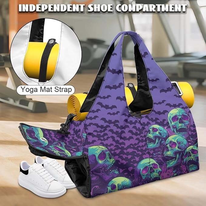 Halloween Skull Bats Lightweight Gym Bag with Shoe Compartment for Women Sports Gym Tote Bag Beach Swim Weekender Travel Duffel Bags Spooky Halloween Costumes